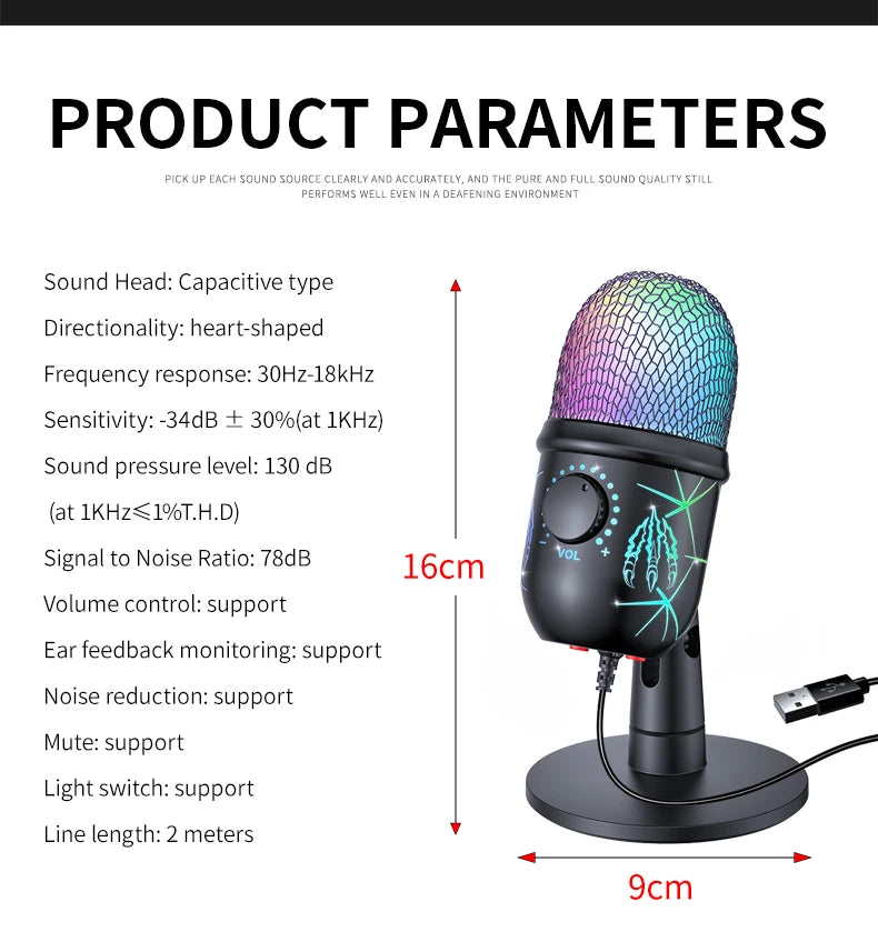 Micrófono para juegos Micrófono USB para PC Micrófono de podcast de condensador para grabación de estudio con conector para auriculares, LED, cancelación de ruido