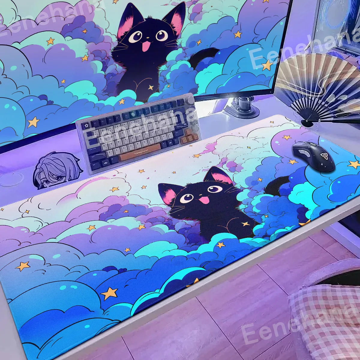 Alfombrilla de ratón para teclado The Black Cat on the Clouds, patrones de estilo artístico Kawaii, alfombrilla de escritorio rosa para PC, Alfombra de Gamer para oficina, alfombrilla de Mesa para el hogar