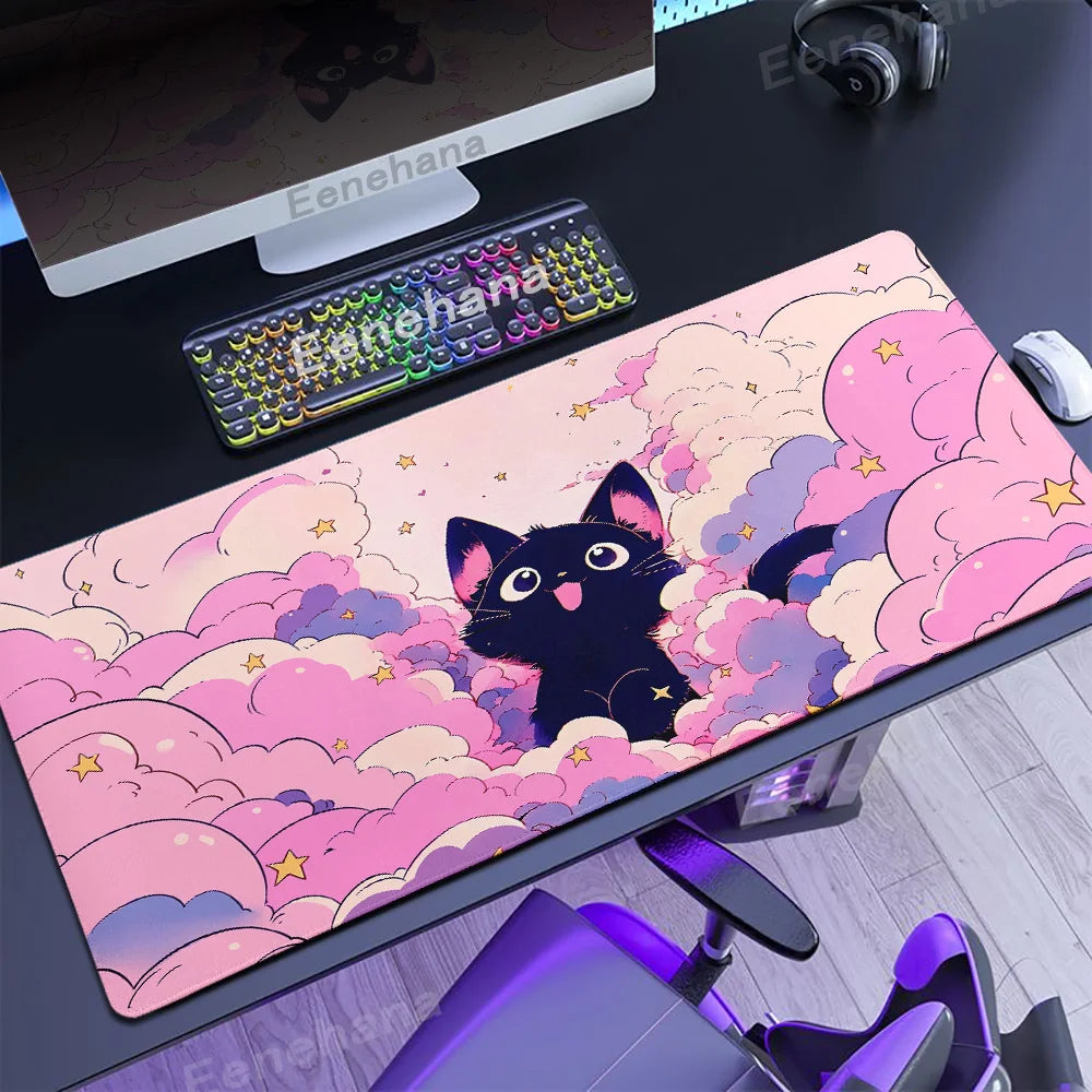 Alfombrilla de ratón para teclado The Black Cat on the Clouds, patrones de estilo artístico Kawaii, alfombrilla de escritorio rosa para PC, Alfombra de Gamer para oficina, alfombrilla de Mesa para el hogar