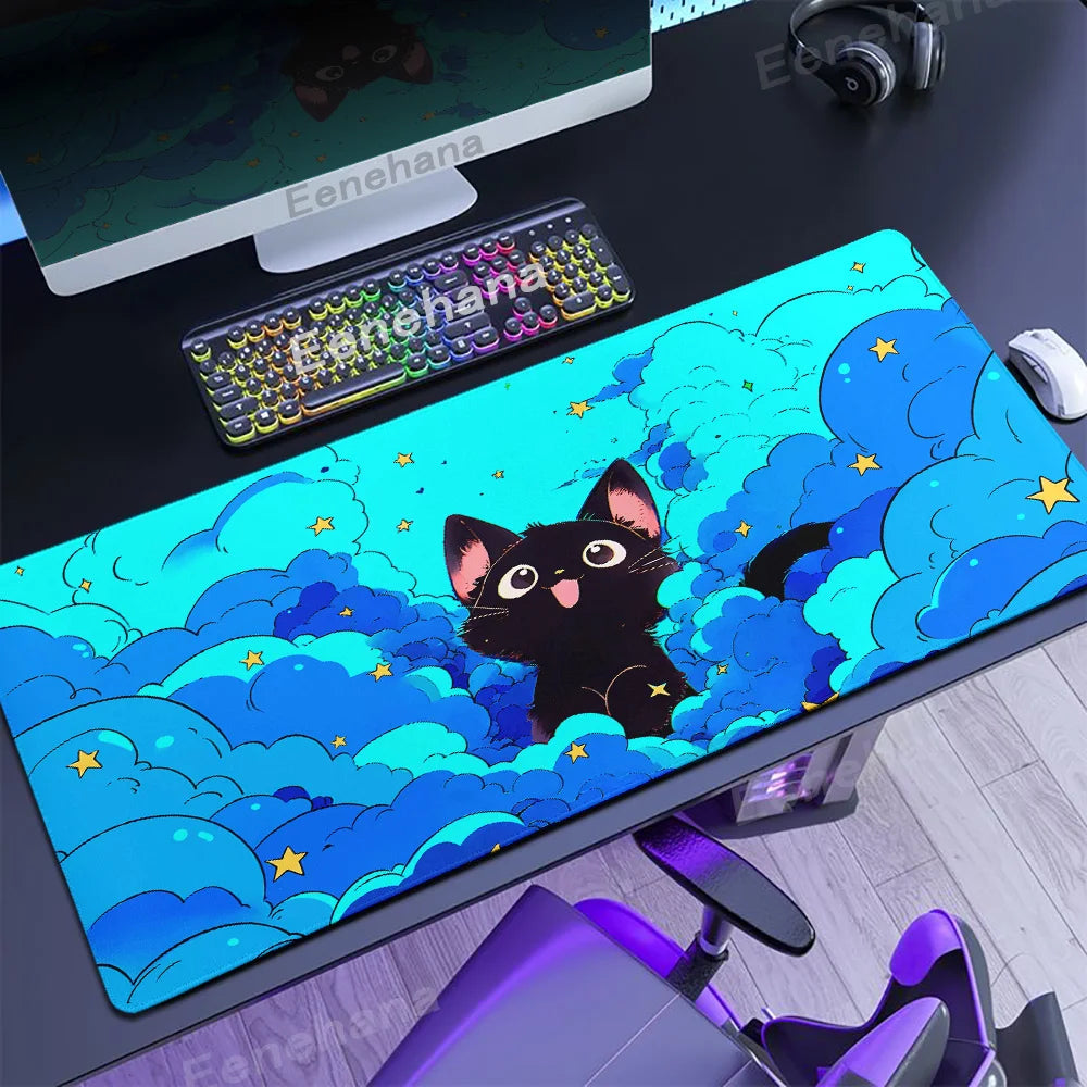 Alfombrilla de ratón para teclado The Black Cat on the Clouds, patrones de estilo artístico Kawaii, alfombrilla de escritorio rosa para PC, Alfombra de Gamer para oficina, alfombrilla de Mesa para el hogar