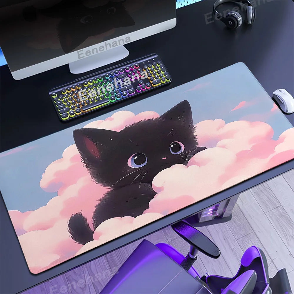 Alfombrilla de ratón para teclado The Black Cat on the Clouds, patrones de estilo artístico Kawaii, alfombrilla de escritorio rosa para PC, Alfombra de Gamer para oficina, alfombrilla de Mesa para el hogar