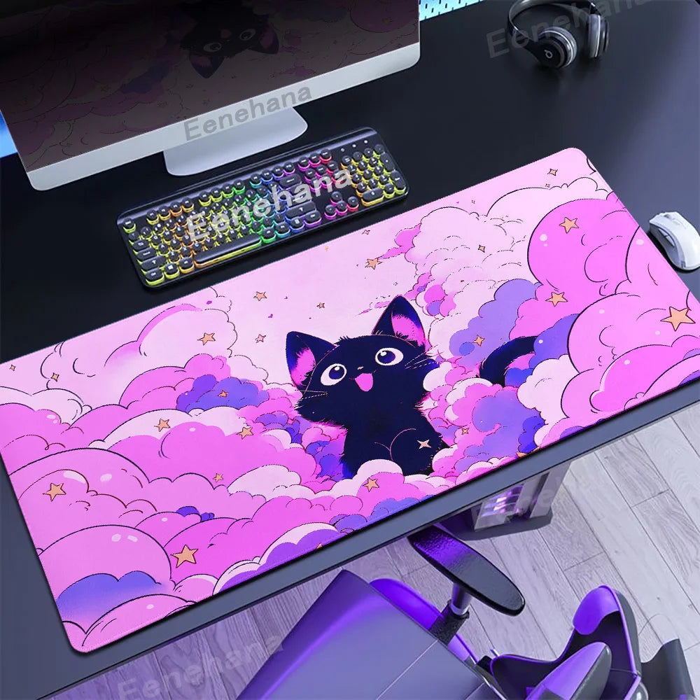 Alfombrilla de ratón para teclado The Black Cat on the Clouds, patrones de estilo artístico Kawaii, alfombrilla de escritorio rosa para PC, Alfombra de Gamer para oficina, alfombrilla de Mesa para el hogar