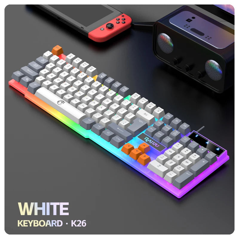 Teclado y teclado único ratón RAIKU T26 teclado luminoso de tres tonos ratón con cable mecánico táctil juego de teclado y ratón para juegos
