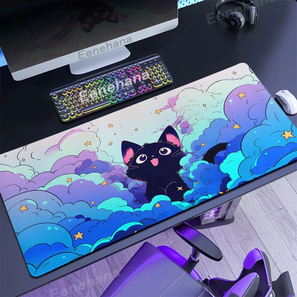 Alfombrilla de ratón para teclado The Black Cat on the Clouds, patrones de estilo artístico Kawaii, alfombrilla de escritorio rosa para PC, Alfombra de Gamer para oficina, alfombrilla de Mesa para el hogar