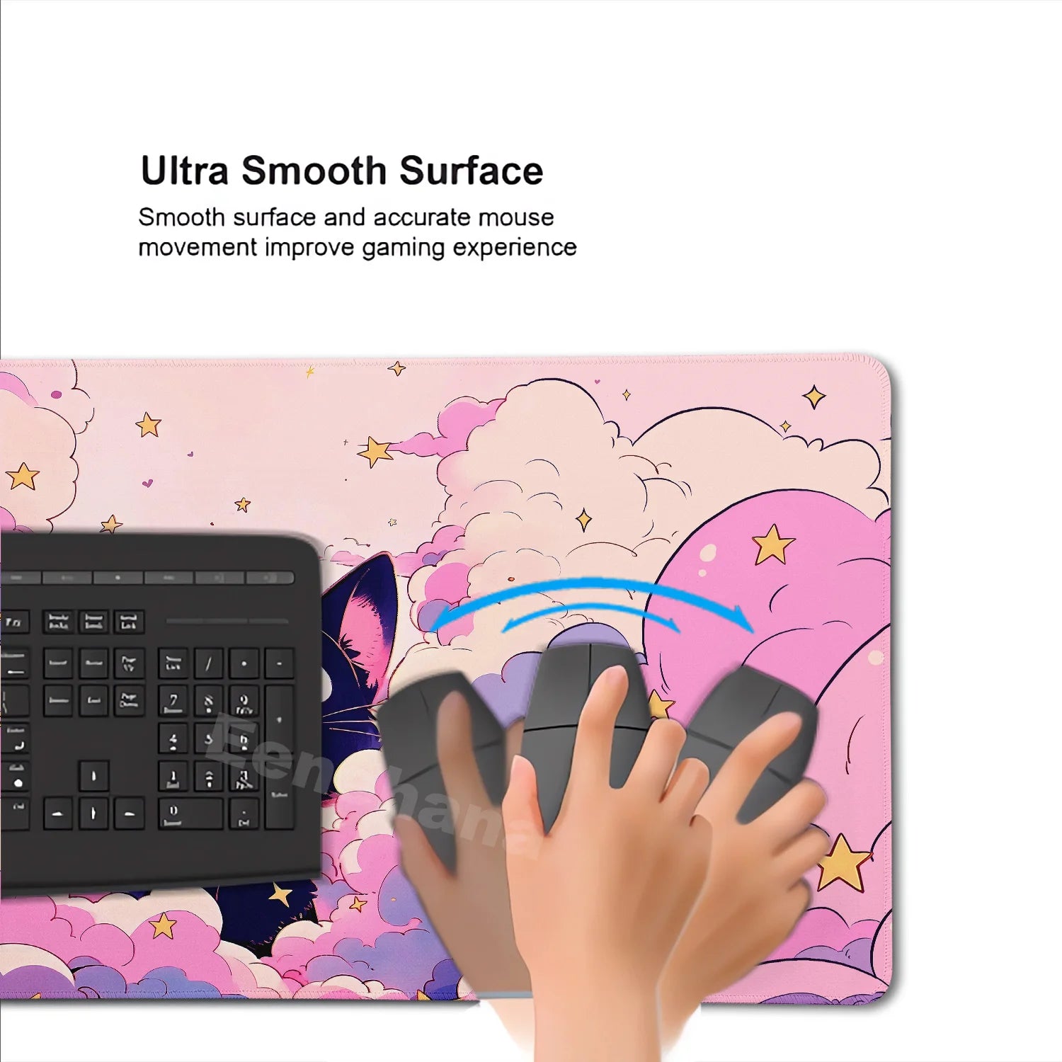 Alfombrilla de ratón para teclado The Black Cat on the Clouds, patrones de estilo artístico Kawaii, alfombrilla de escritorio rosa para PC, Alfombra de Gamer para oficina, alfombrilla de Mesa para el hogar