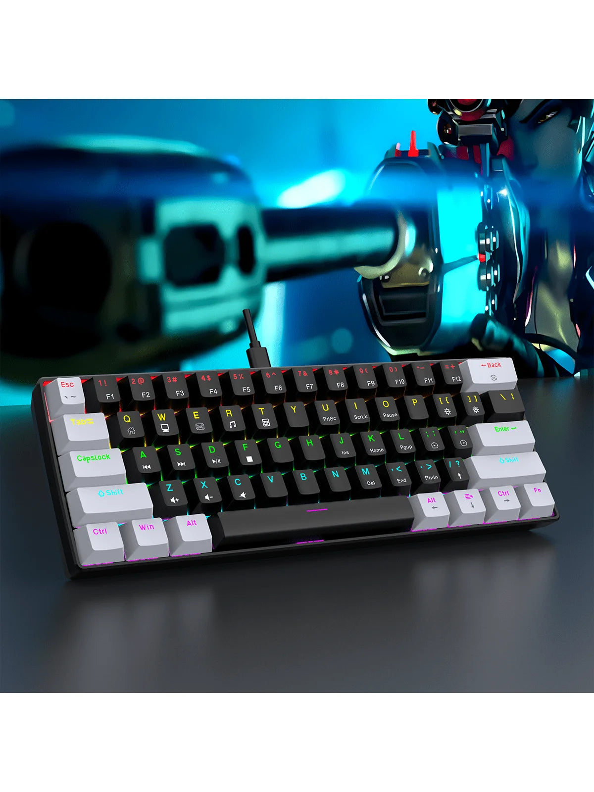 Teclado mecánico para juegos con cable 60%, ultra compacto retroiluminado RGB