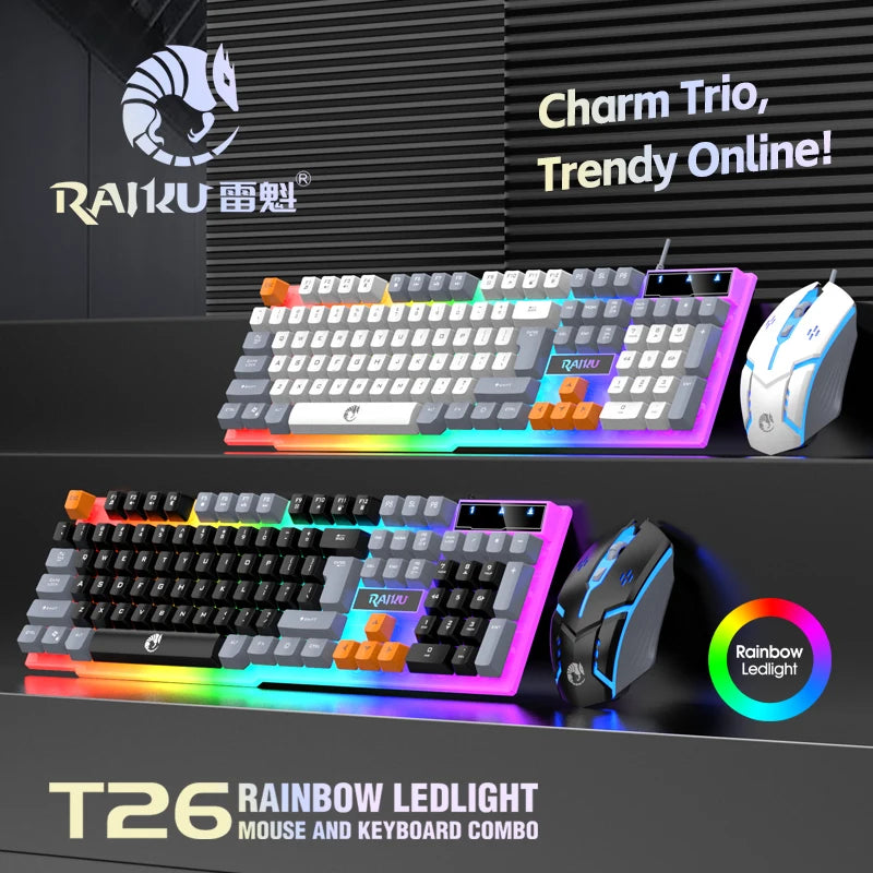 Teclado y teclado único ratón RAIKU T26 teclado luminoso de tres tonos ratón con cable mecánico táctil juego de teclado y ratón para juegos