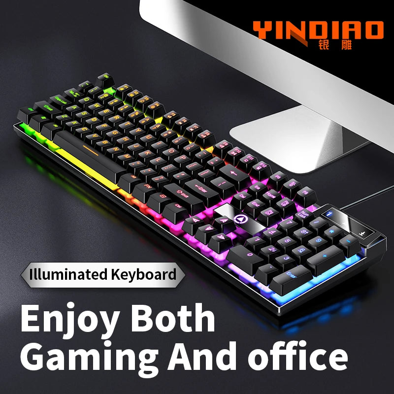 Teclado YINDIAO para juegos, escritorios para ordenador portátil con cable, accesorios de oficina para ordenador, teclados para jugadores de perfil bajo con teclado numérico