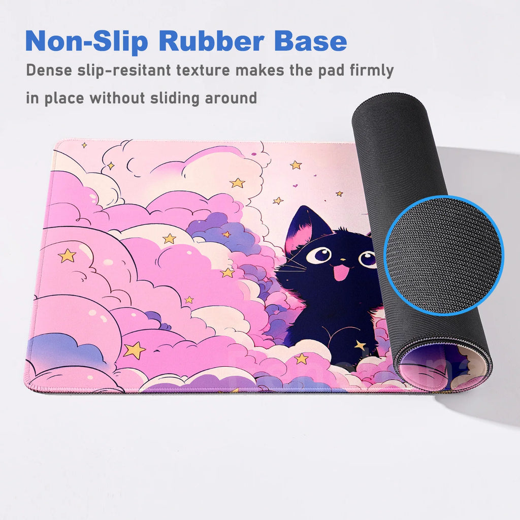 Alfombrilla de ratón para teclado The Black Cat on the Clouds, patrones de estilo artístico Kawaii, alfombrilla de escritorio rosa para PC, Alfombra de Gamer para oficina, alfombrilla de Mesa para el hogar