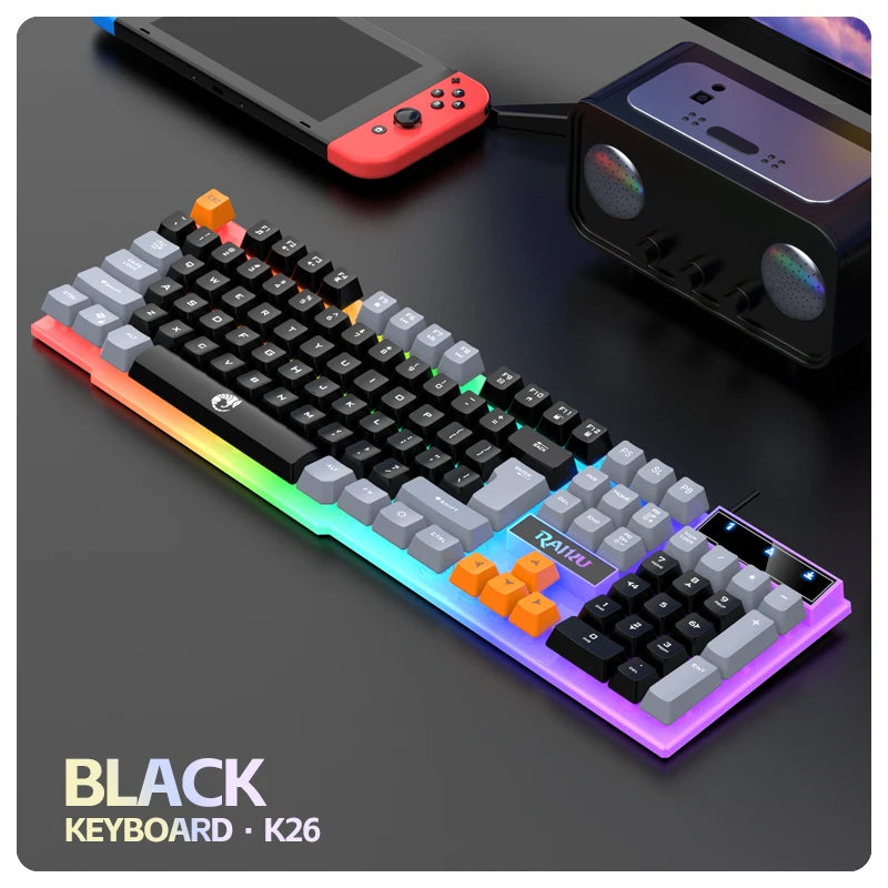 Teclado y teclado único ratón RAIKU T26 teclado luminoso de tres tonos ratón con cable mecánico táctil juego de teclado y ratón para juegos