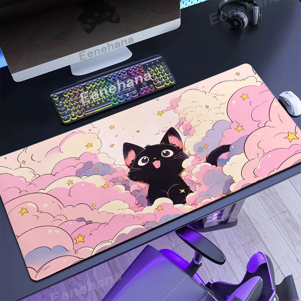 Alfombrilla de ratón para teclado The Black Cat on the Clouds, patrones de estilo artístico Kawaii, alfombrilla de escritorio rosa para PC, Alfombra de Gamer para oficina, alfombrilla de Mesa para el hogar