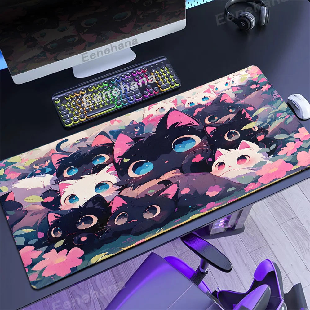 Alfombrilla de ratón para teclado The Black Cat on the Clouds, patrones de estilo artístico Kawaii, alfombrilla de escritorio rosa para PC, Alfombra de Gamer para oficina, alfombrilla de Mesa para el hogar