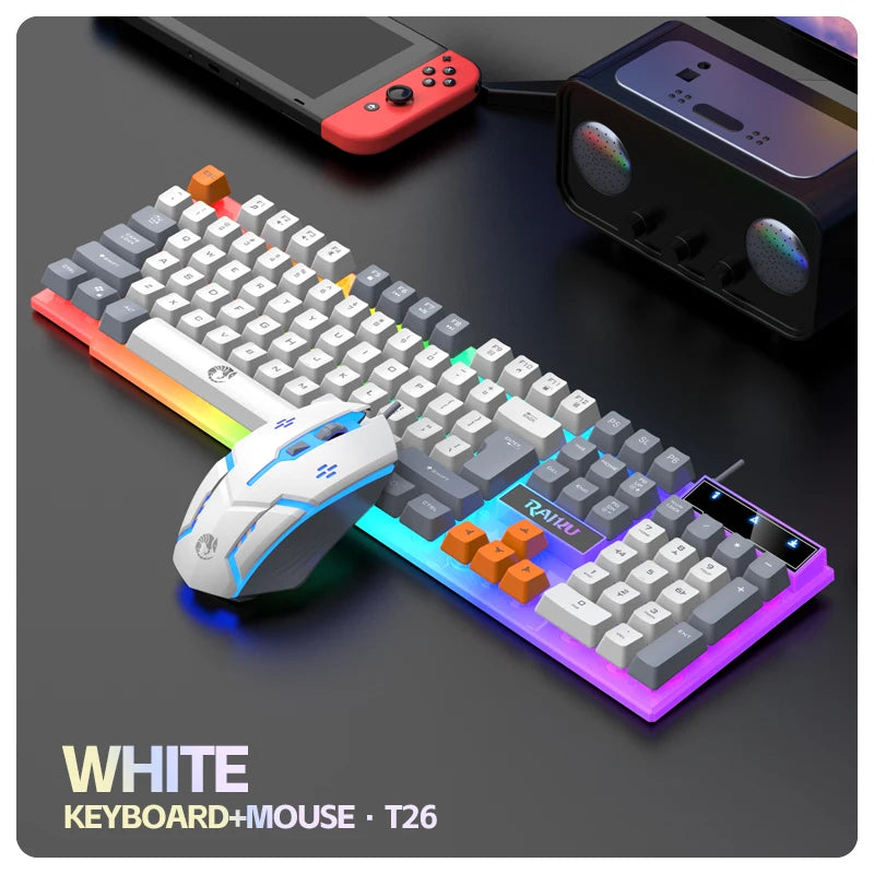 Teclado y teclado único ratón RAIKU T26 teclado luminoso de tres tonos ratón con cable mecánico táctil juego de teclado y ratón para juegos