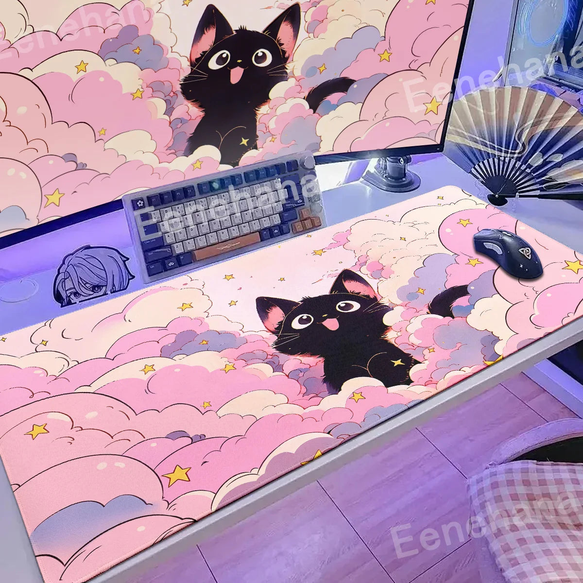 Alfombrilla de ratón para teclado The Black Cat on the Clouds, patrones de estilo artístico Kawaii, alfombrilla de escritorio rosa para PC, Alfombra de Gamer para oficina, alfombrilla de Mesa para el hogar