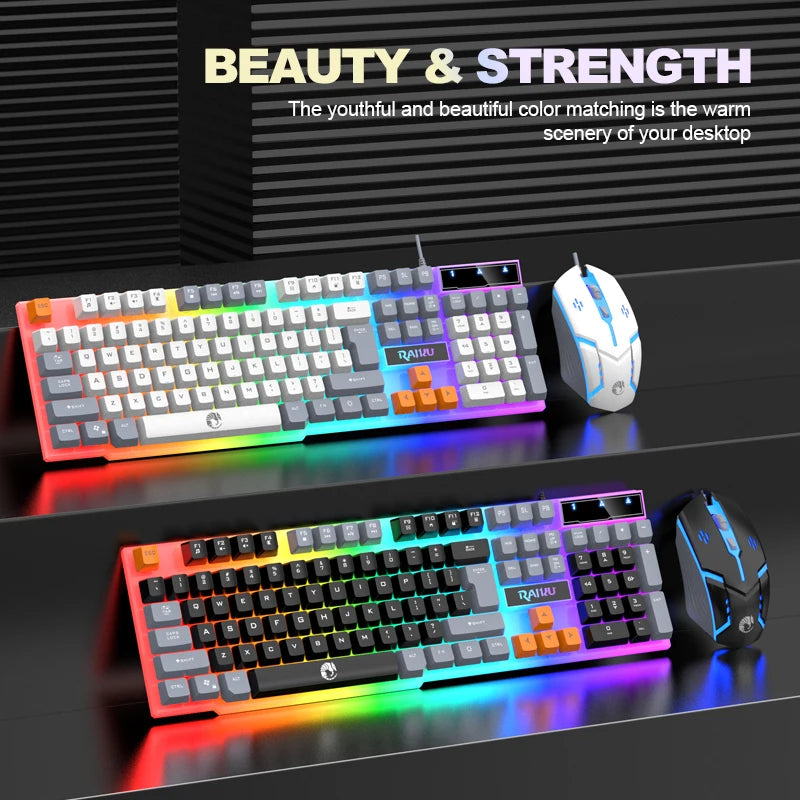 Teclado y teclado único ratón RAIKU T26 teclado luminoso de tres tonos ratón con cable mecánico táctil juego de teclado y ratón para juegos