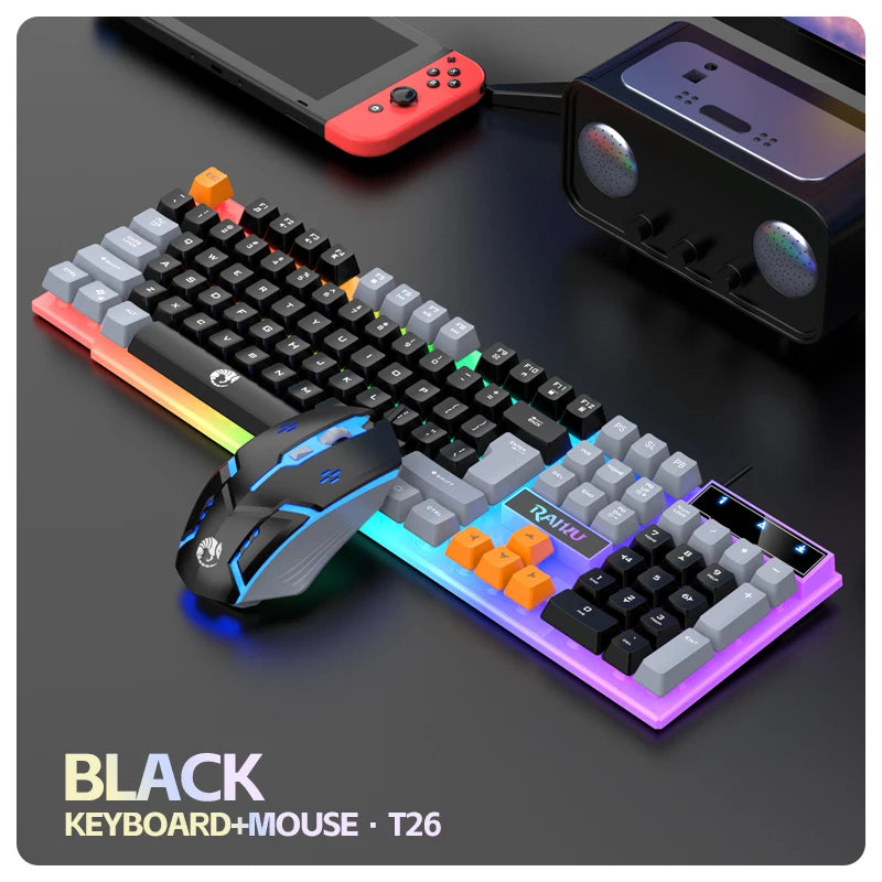 Teclado y teclado único ratón RAIKU T26 teclado luminoso de tres tonos ratón con cable mecánico táctil juego de teclado y ratón para juegos