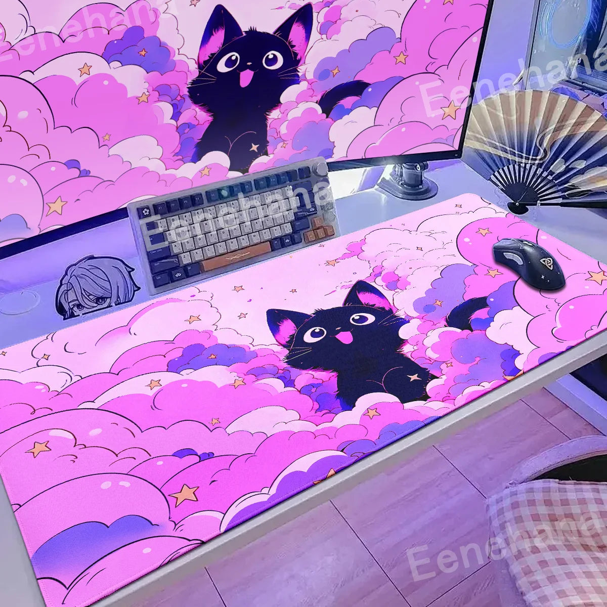 Alfombrilla de ratón para teclado The Black Cat on the Clouds, patrones de estilo artístico Kawaii, alfombrilla de escritorio rosa para PC, Alfombra de Gamer para oficina, alfombrilla de Mesa para el hogar